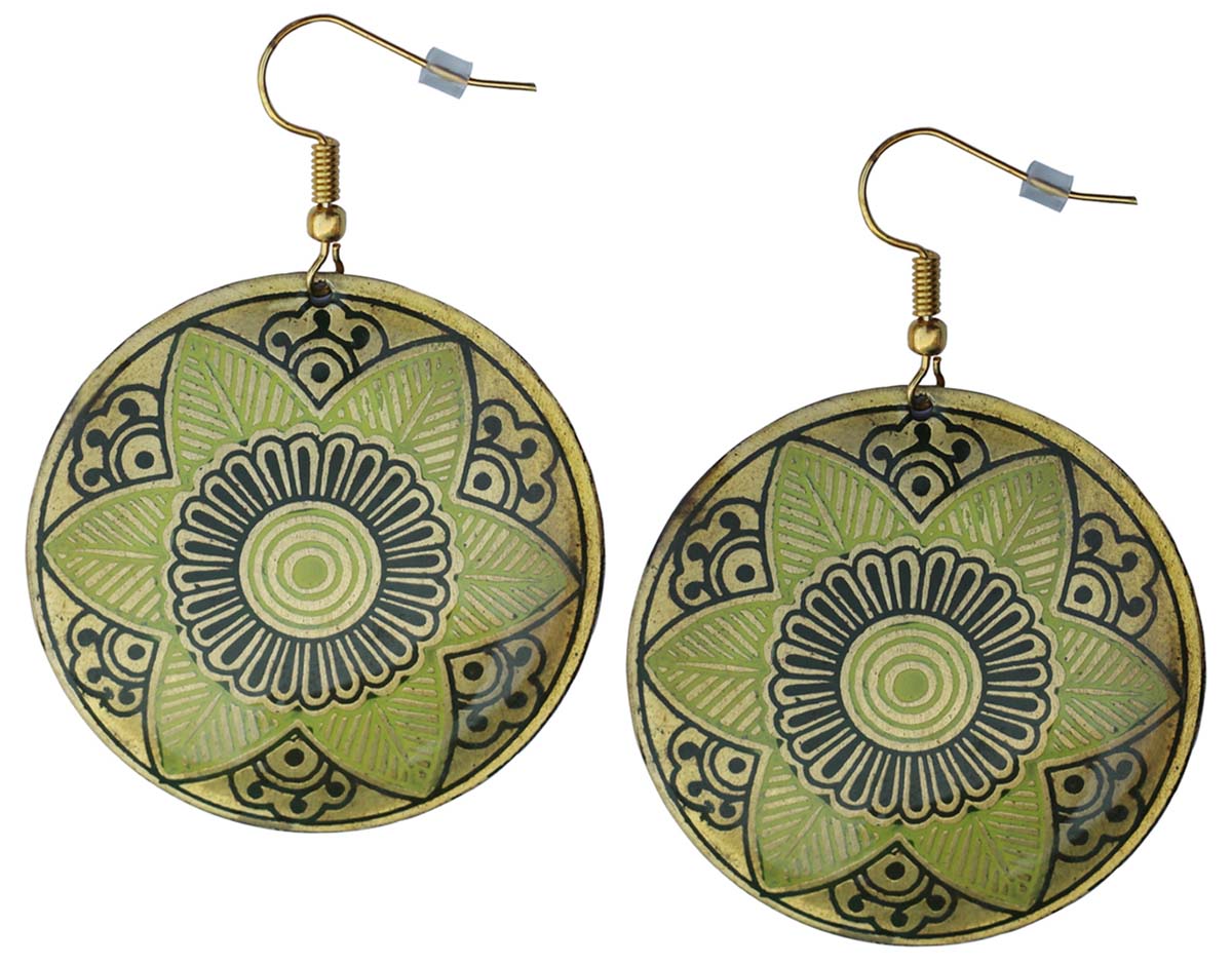 2.5” Brass Hook Earrings with Floral Pattern - Green Black - Drop Earrings / Accessories for Her - Buy in Bulk Wholesale